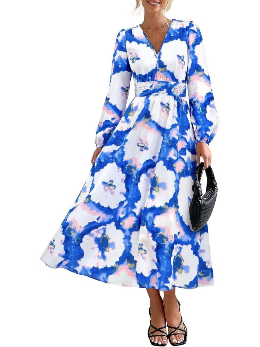 Boho Floral Midi Dress with Long Puff Sleeves & V Neck - Perfect for Summer!